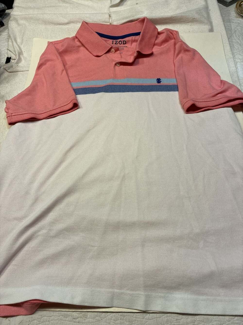 Izod Advantage Performance Polo Size L Pink White Striped Shirt
